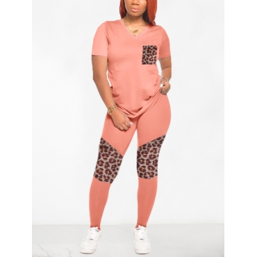 

LW Casual V Neck Print Patchwork Pink Two Piece Pants Set
