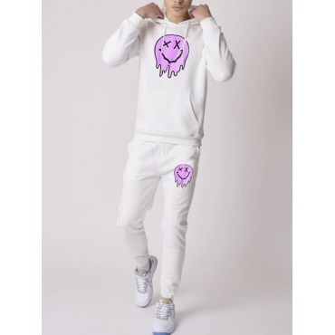 

LW Men Cartoon Print Kangaroo Pocket Tracksuit Set, White