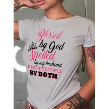 

LW Round Neck Letter Print T-shirt, Grey