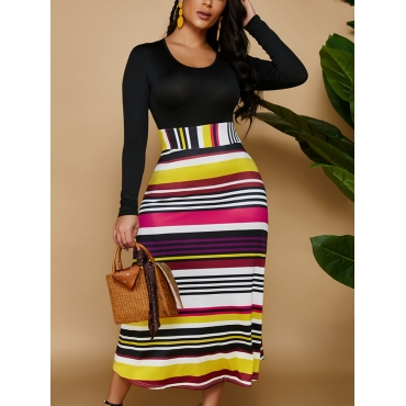 

Lovely Round Neck Striped A Line Dress, Multi