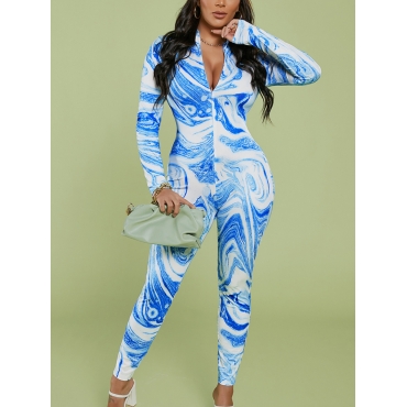 

LW Water Wave Print Basic Skinny Jumpsuit, White