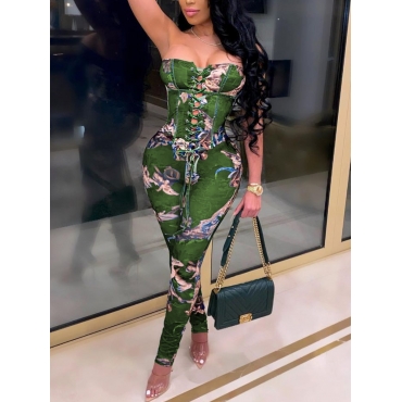 

LW Sexy Off The Shouder Bandage Design Print Green Two Piece Pants Set