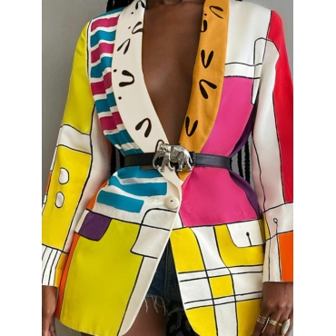 

LW Plus Size Color-lump Patchwork Blazer (Without Belt), Yellow