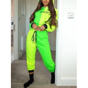 

LW COTTON Drawstring Letter Print Loose Tracksuit Set, Green