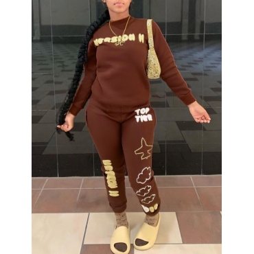 

LW Round Neck Letter Print Tracksuit Set, Brown