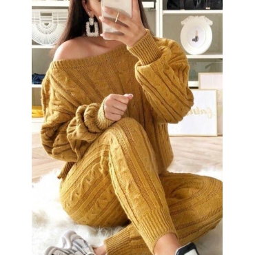

LW Sweater Drop Shoulder Cable Knit Pants Set, Yellow