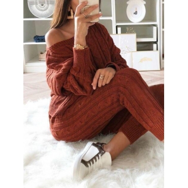 

LW Sweater Drop Shoulder Cable Knit Pants Set, Wine red