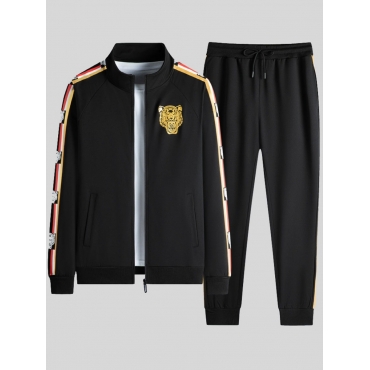 

LW Men Tigher Print Striped Patchwork Pants Set, Black
