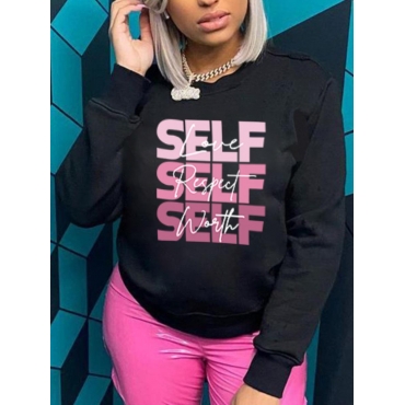 

LW Round Neck Letter Print Sweatshirt, Black