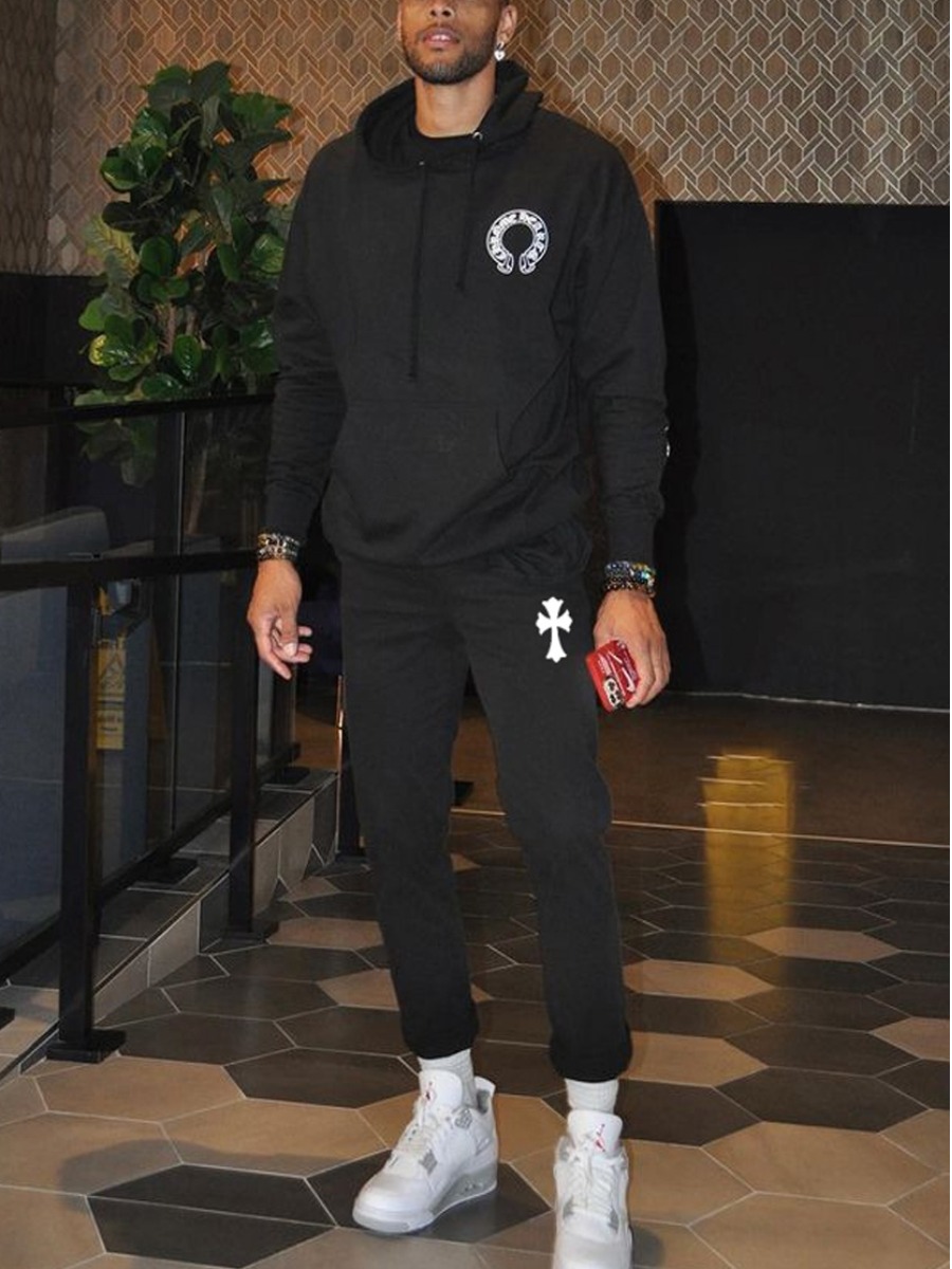 

LW Men Letter Print Kangaroo Pocket Tracksuit Set, Black
