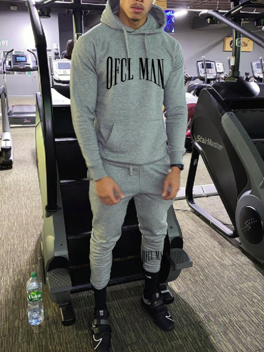 

LW Men Letter Print Kangaroo Pocket Tracksuit Set, Grey