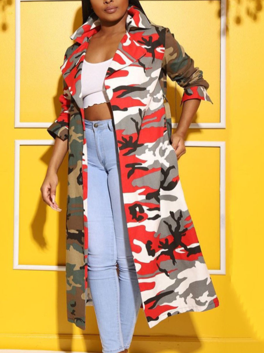 

LW Camo Print Pocket Design Oversized Trench Coat, Red