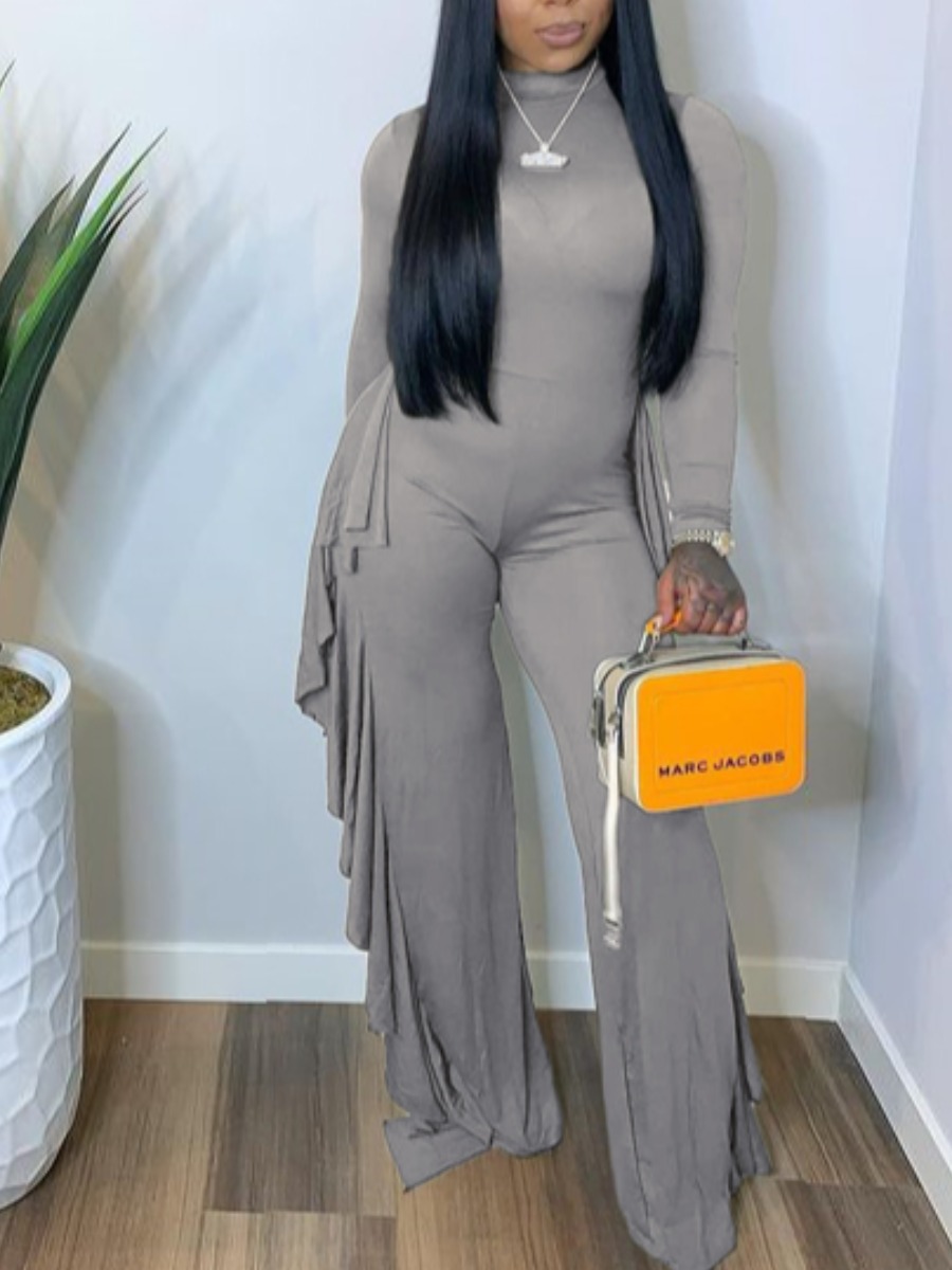 

LW Ruffle Design Basic Wide Leg Jumpsuit, Grey