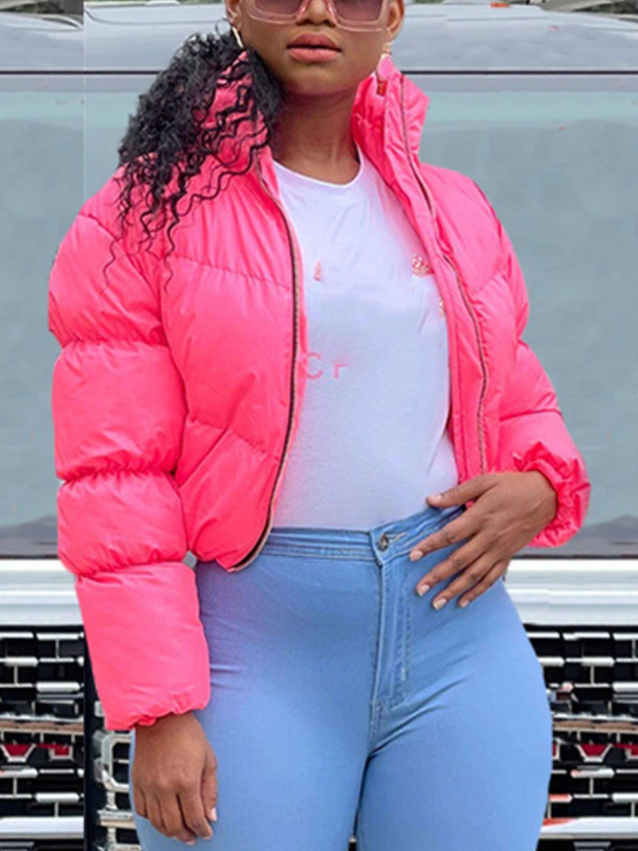 

LW Quilted Zipper Design Fuzzy Short Parka, Pink