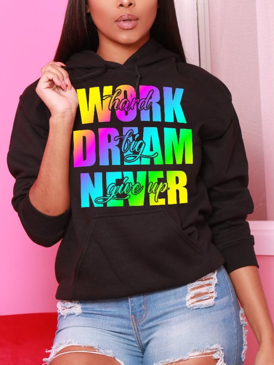 

LW Gradient Letter Print Kangaroo Pocket Hoodie, Black