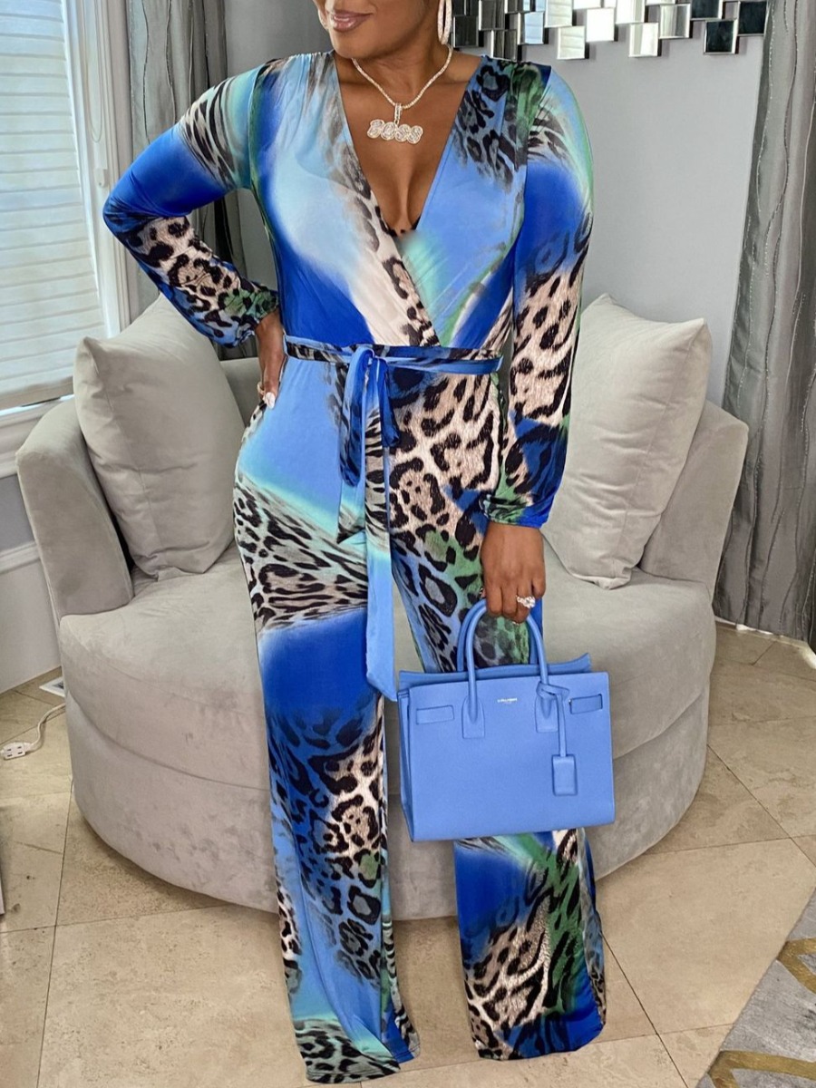 

LW Leopard Print Color Block Bandage Jumpsuit, Blue