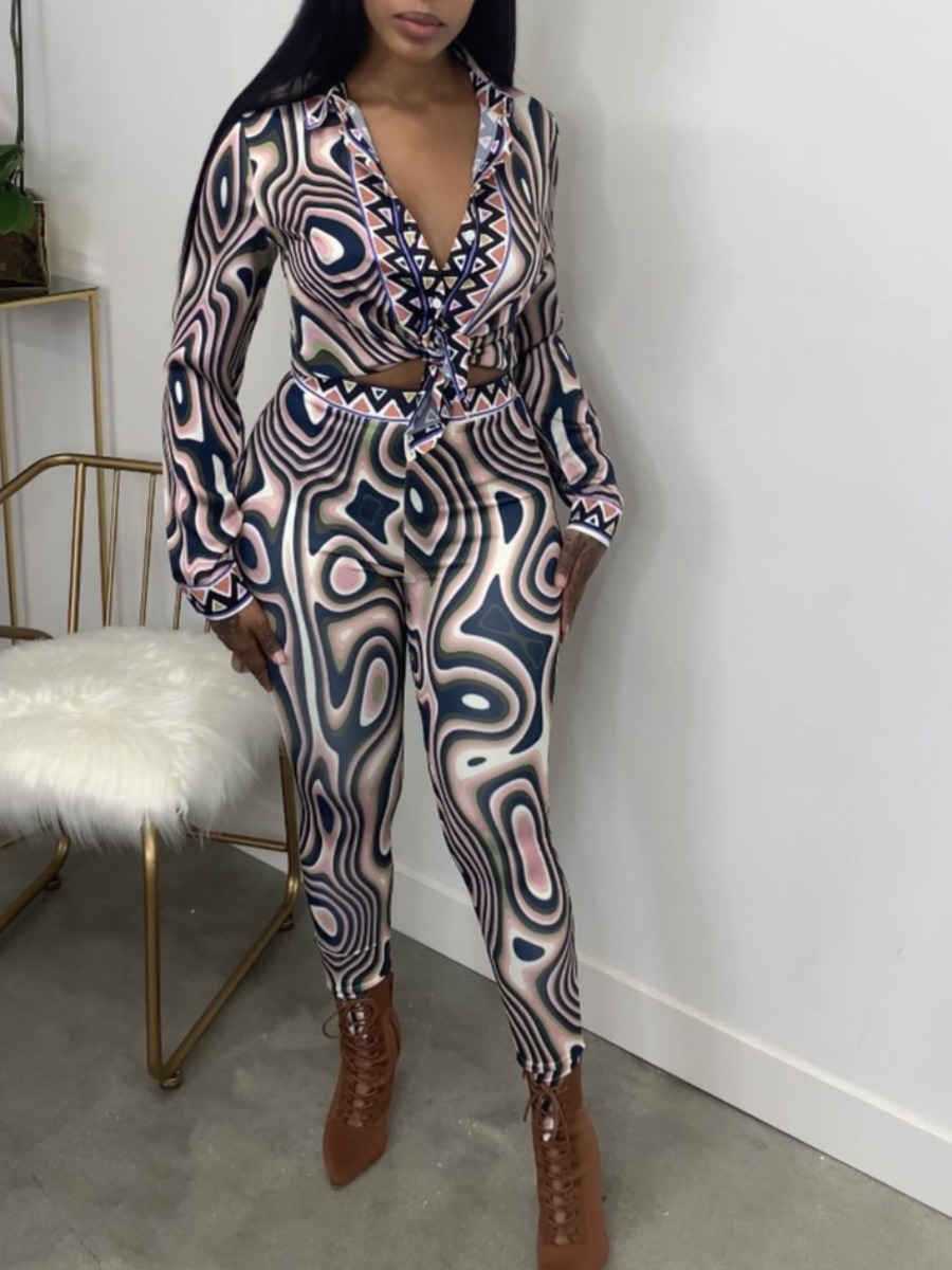 

LW Geometric Print Bandage Pants Set, Coffee