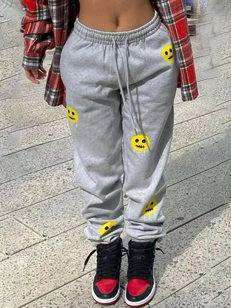 

LW Sweat Smiley Print Drawstring Sweatpants, Grey
