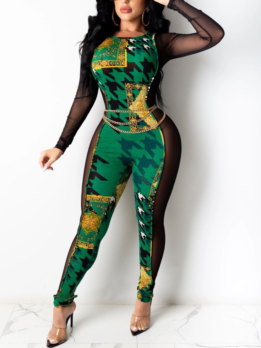 

LW SXY Floral Print See-through Mesh Patchwork Jumpsuit, Green