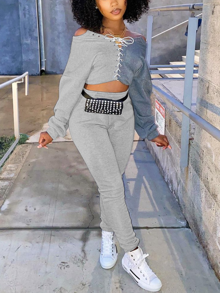 

LW Sweat Bandage Design Patchwork Pants Set, Grey