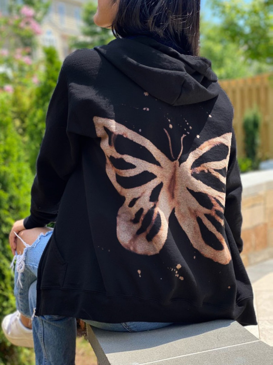 

LW Butterfly Print Zipper Design Outerwear, Black