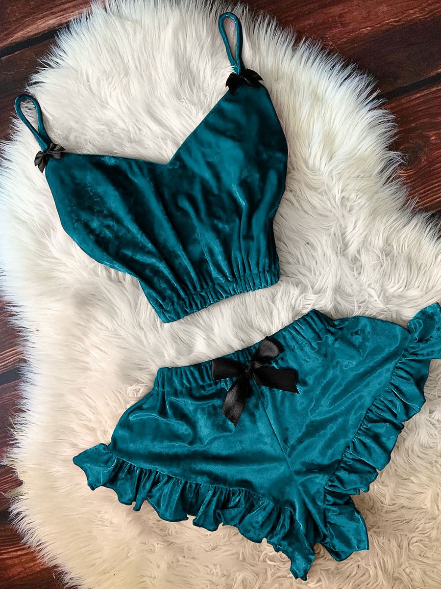 

LW SXY Bow Decor Ruffle Design Pajamas Set, Black green