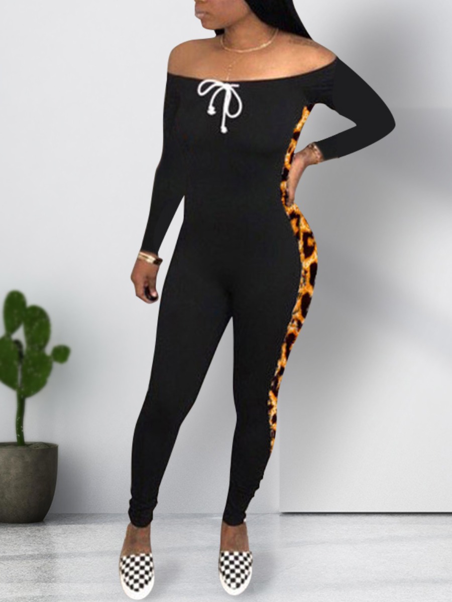 

LW Off The Shoulder Leopard Patchwork Skinny Jumpsuit, Black