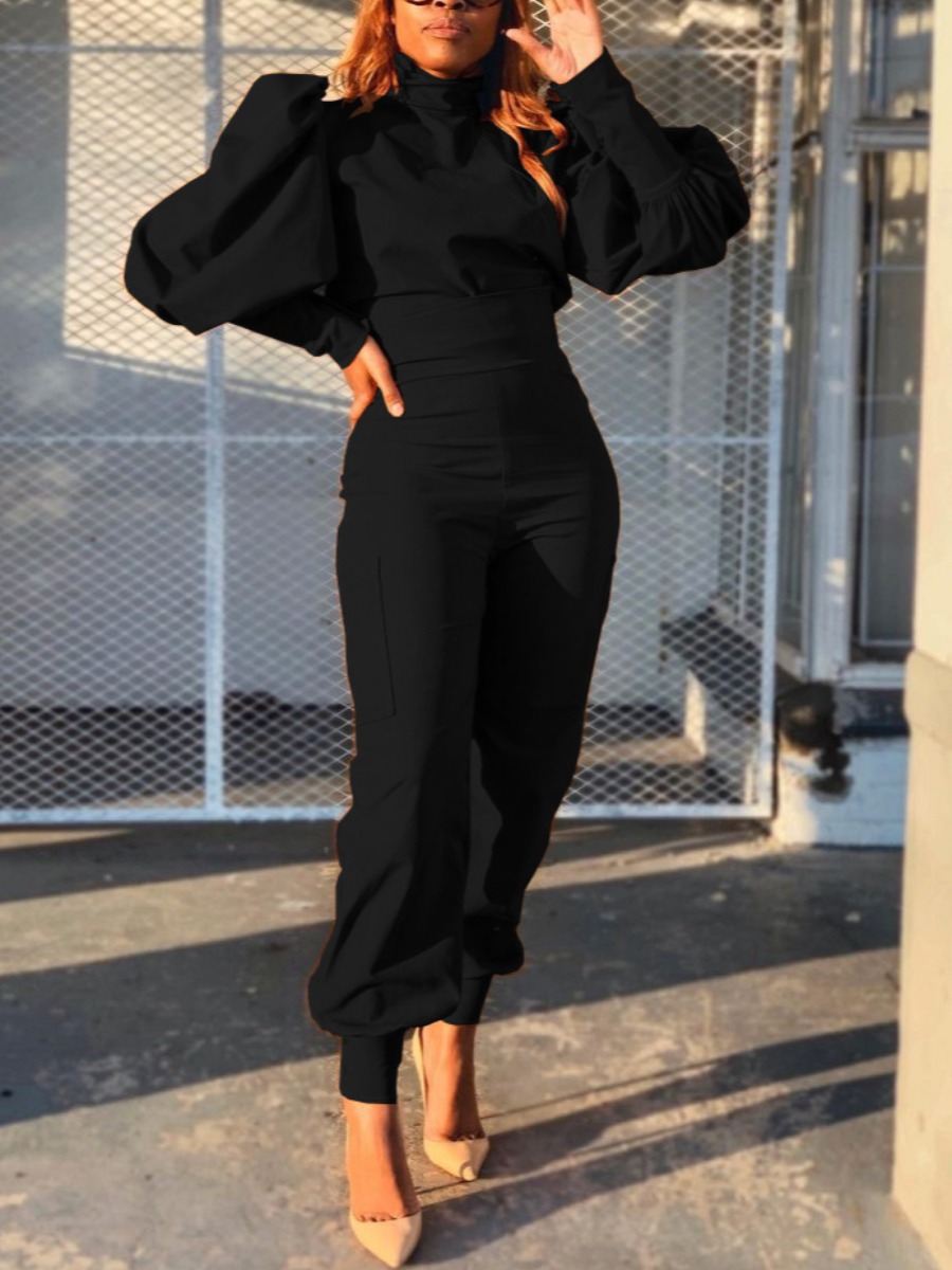 

LW Puff Sleeve Pocket Design Pullover Pants Set, Black