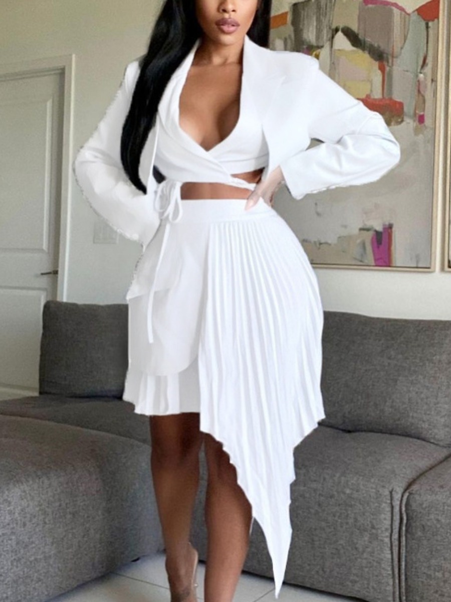 

LW SXY Bandage Fold Design Asymmetrical Skirt Set, White