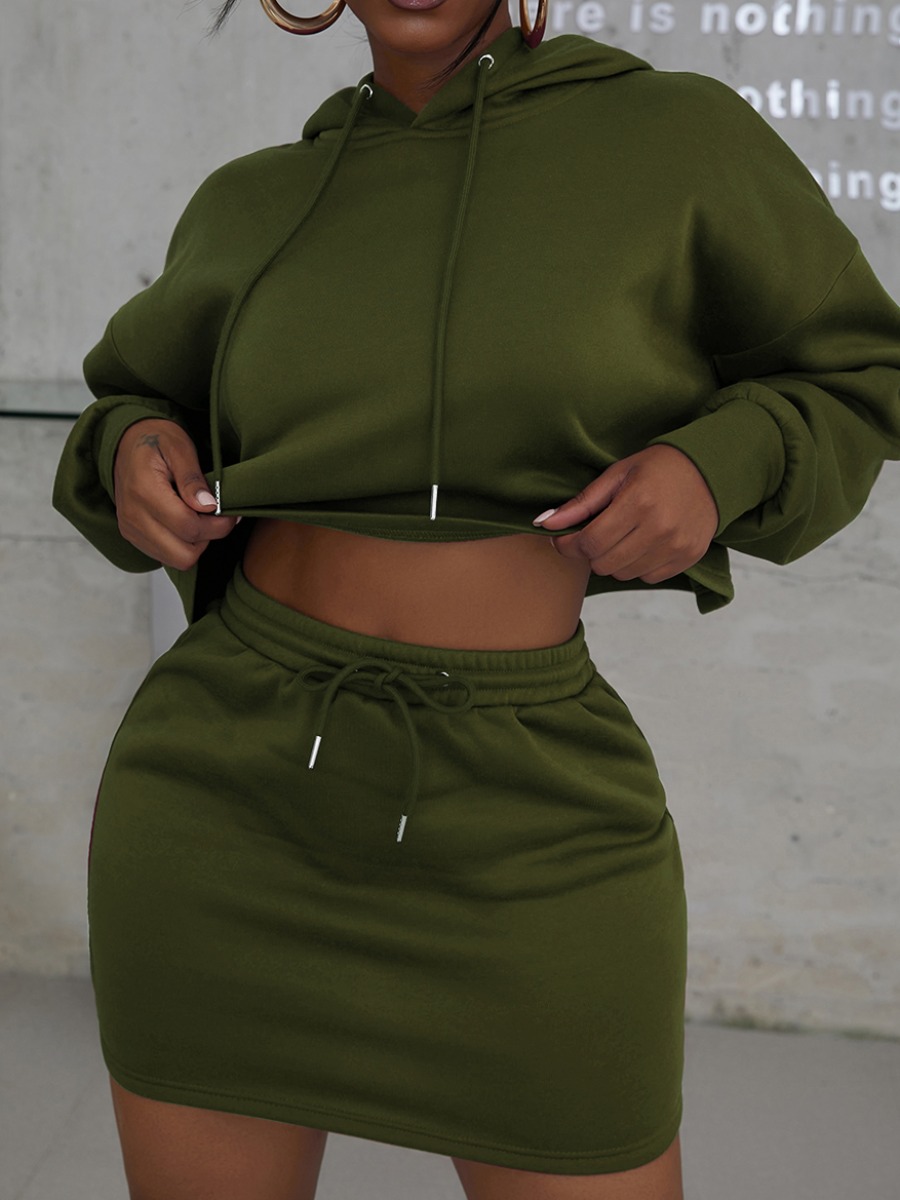 

LW COTTON Hooded Collar Drawstring Crop Top Skirt Set, Army green