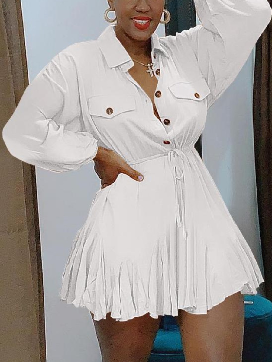 

LW Button Design Drawstring Ruffle Trim Dress, White