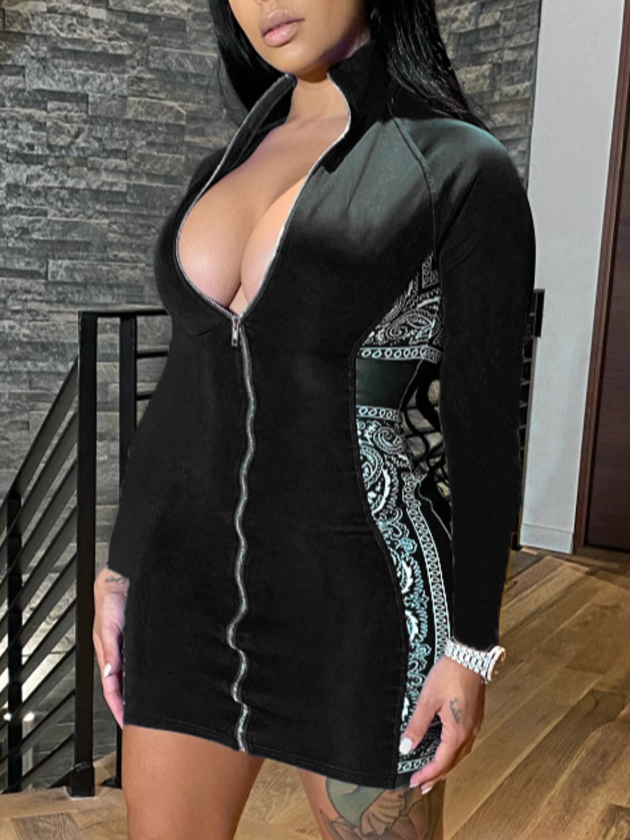 

LW Cashew Print Zipper Design Bodycon Dress, Black