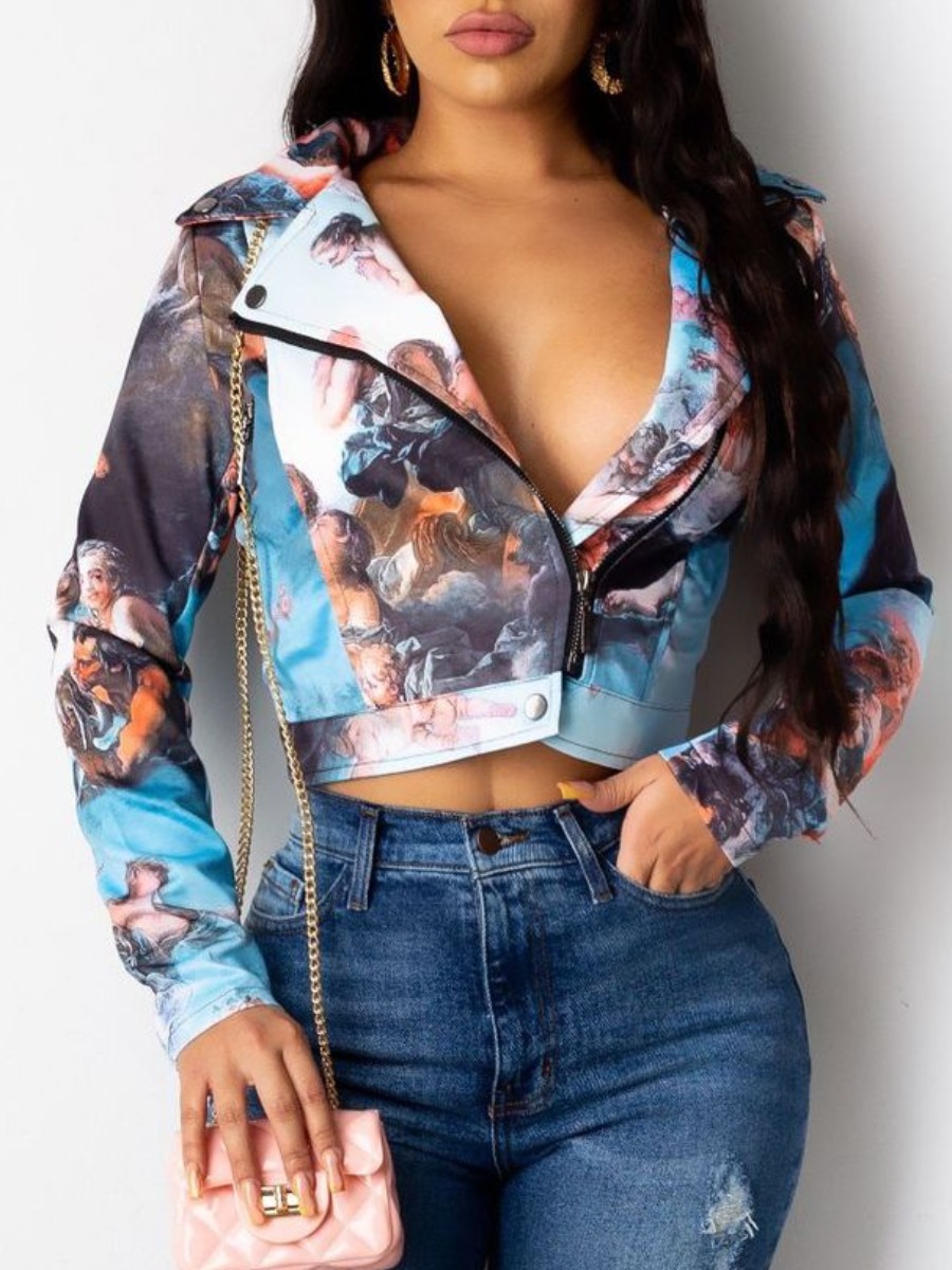 

LW Figure Print Zipper Design Jacket, Blue