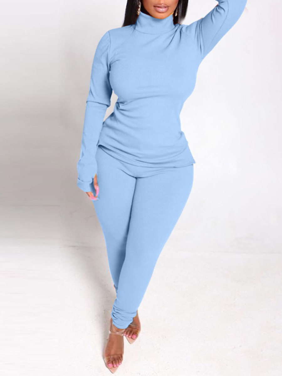 

LW Plus Size Turtleneck Slit Basic Skinny Pants Set, Skyblue
