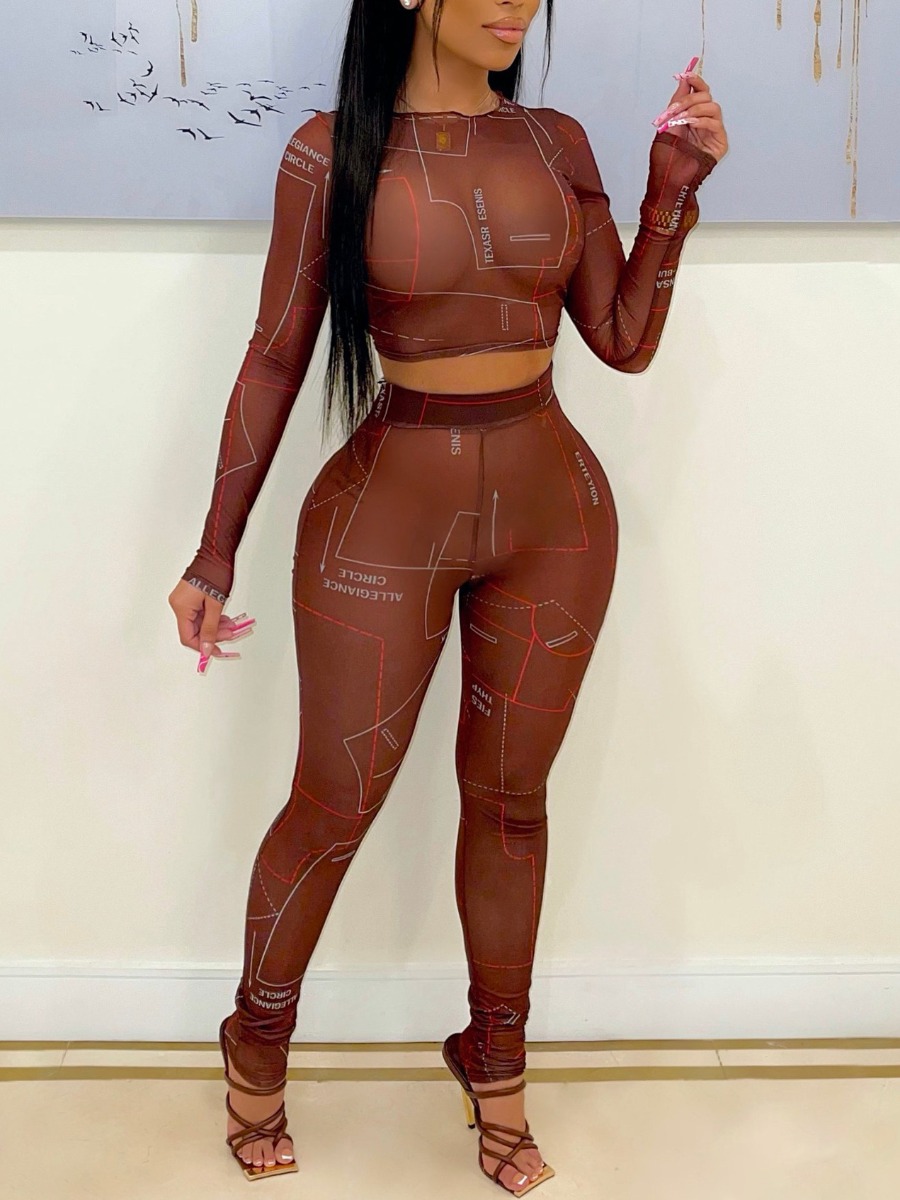 

LW SXY Mesh Letter Print Cropped Pants Set, Coffee
