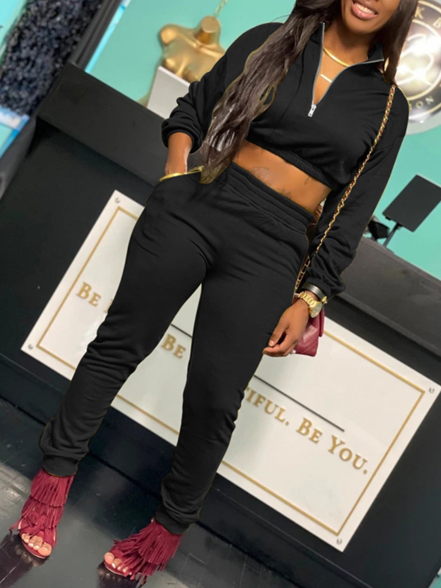 

LW BASICS Sweat Zipper Design Crop Top Pants Set, Black