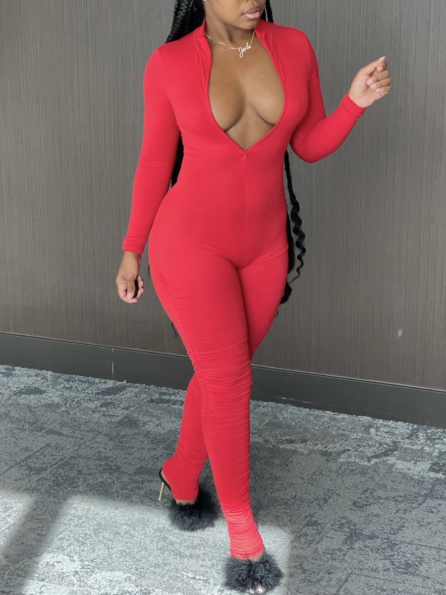 

LW BASICS Zipper Design Ruched Skinny Jumpsuit, Red