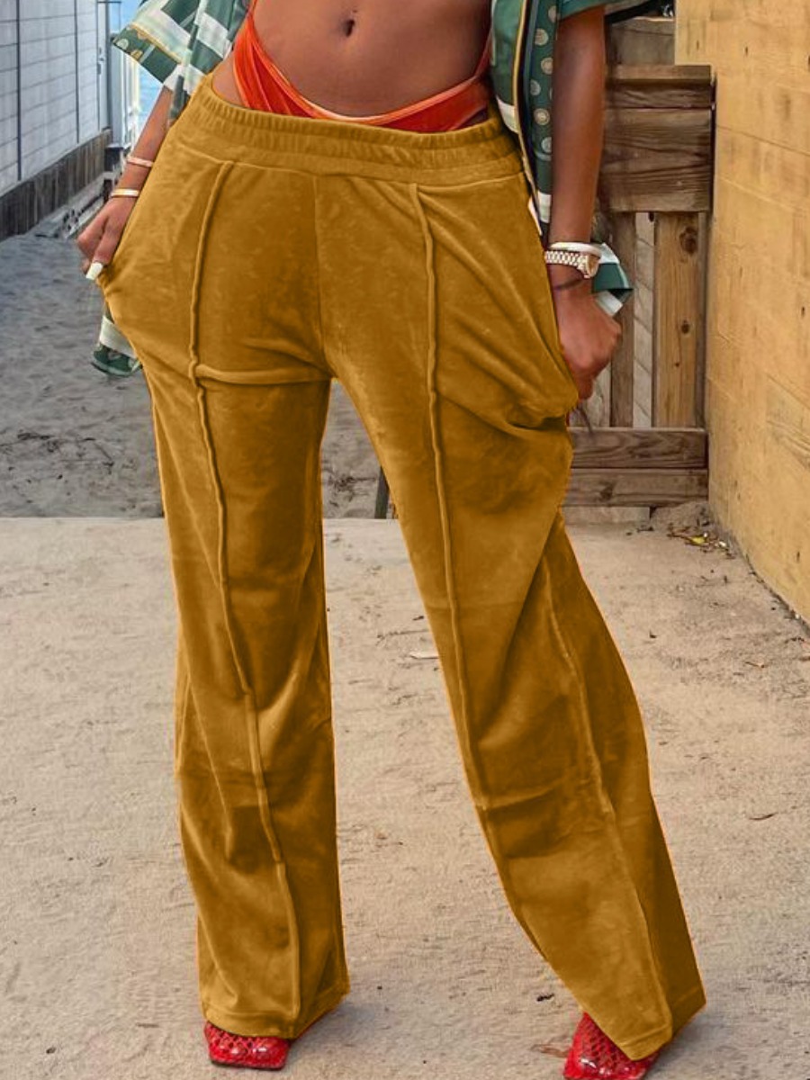 

LW Velvet Solid Shirred Waist Pants, Yellow