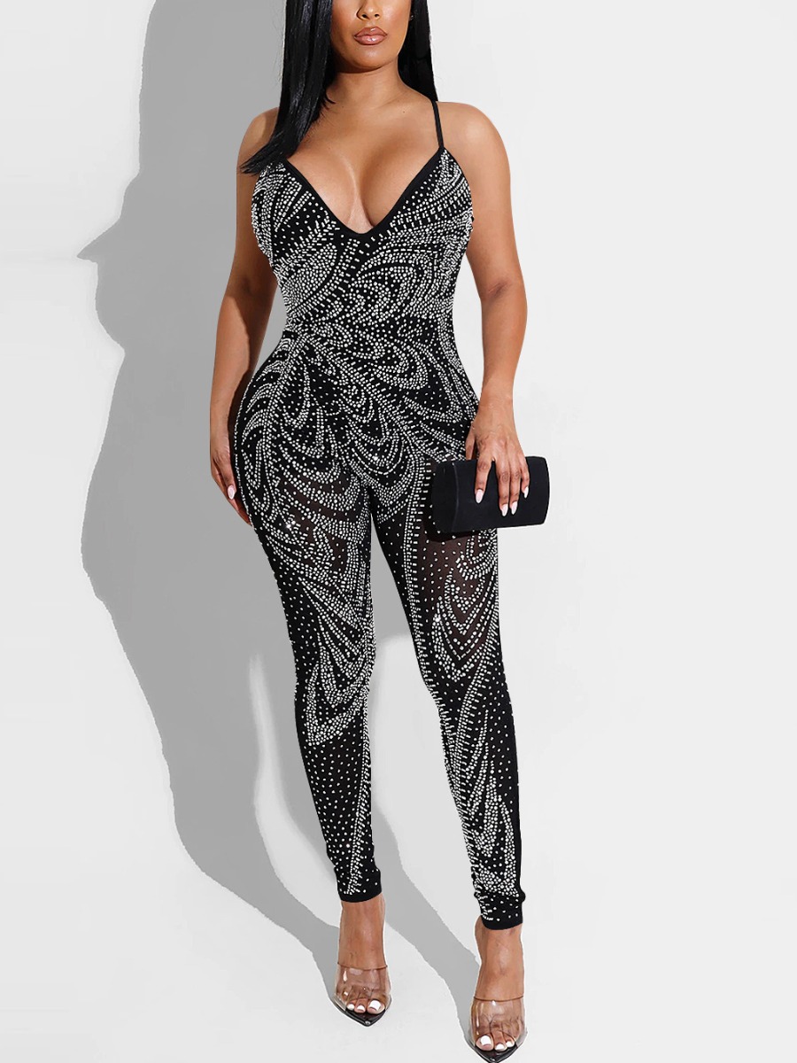 

LW Mesh Sequined See-through Skinny Jumpsuit, Black