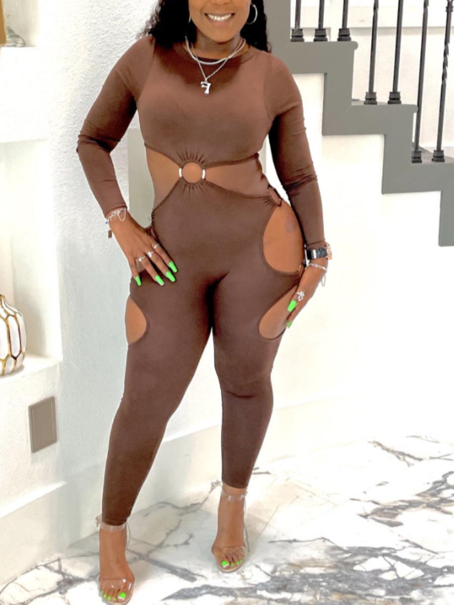 

LW SXY Hollow-out Design Ring Decor Jumpsuit, Coffee