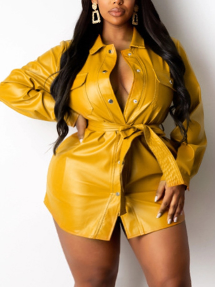 LW Plus Size Snap Button Belted Wrapped Dress, Yellow