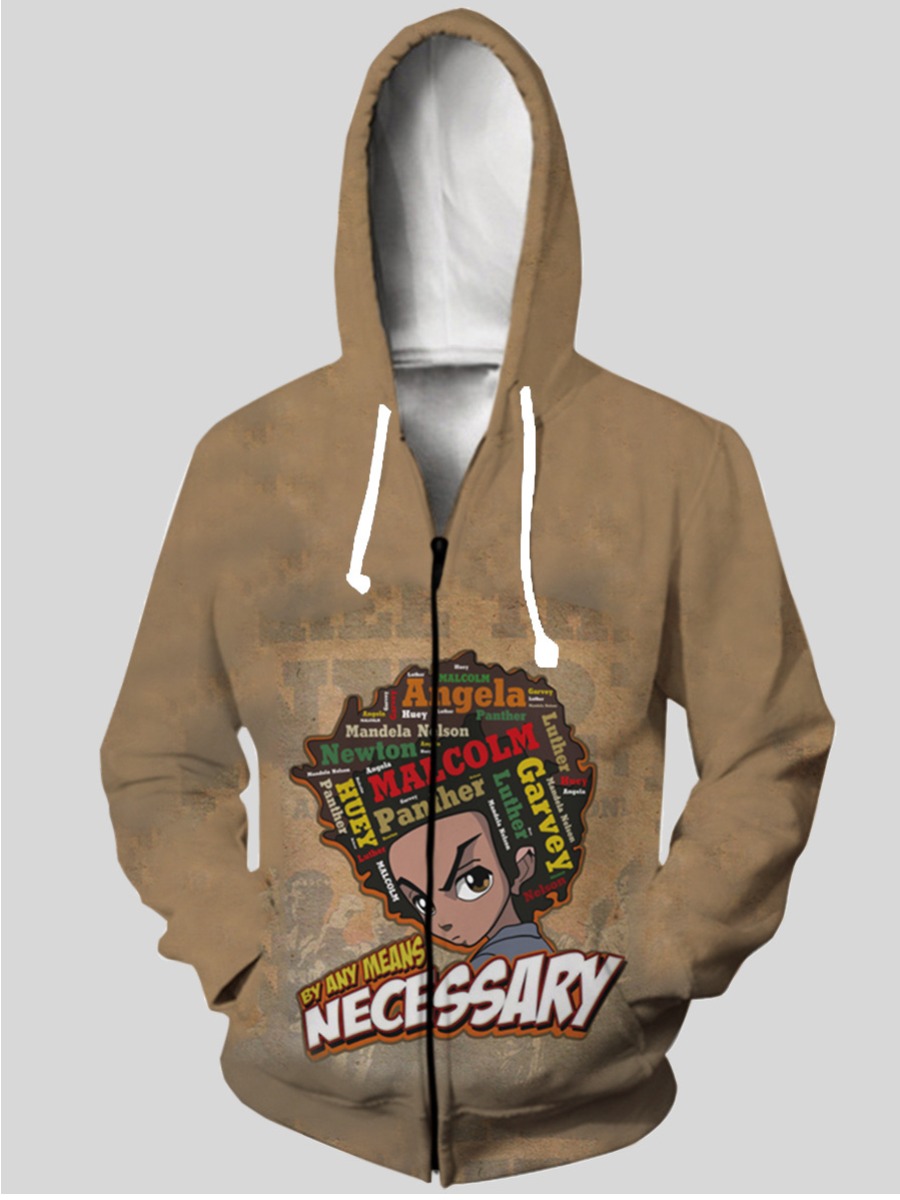 

LW Men Cartoon Print Pocket Hoodie, Khaki