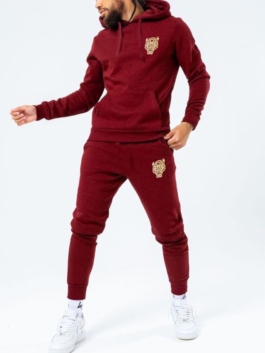 

LW Men Animal Print Kangaroo Pocket Tracksuit Set, Wine red