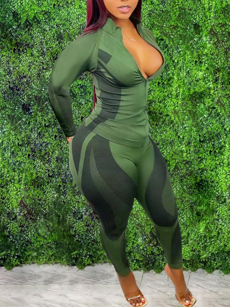 

LW Color-lump Patchwork Zipper Design Tracksuit Set, Green