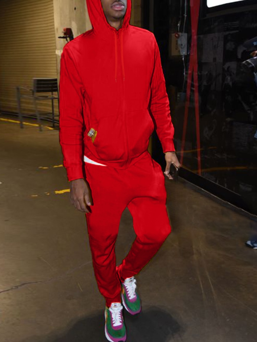 

LW BASICS Men Drawstring Pocket Design Tracksuit Set, Red