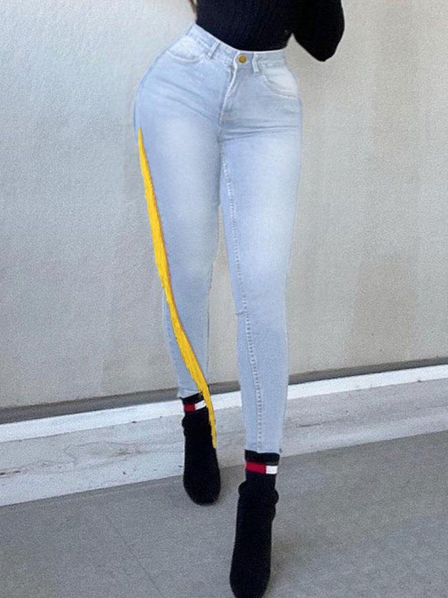 

LW High-waisted High Stretchy Tassel Design Jeans, Baby blue