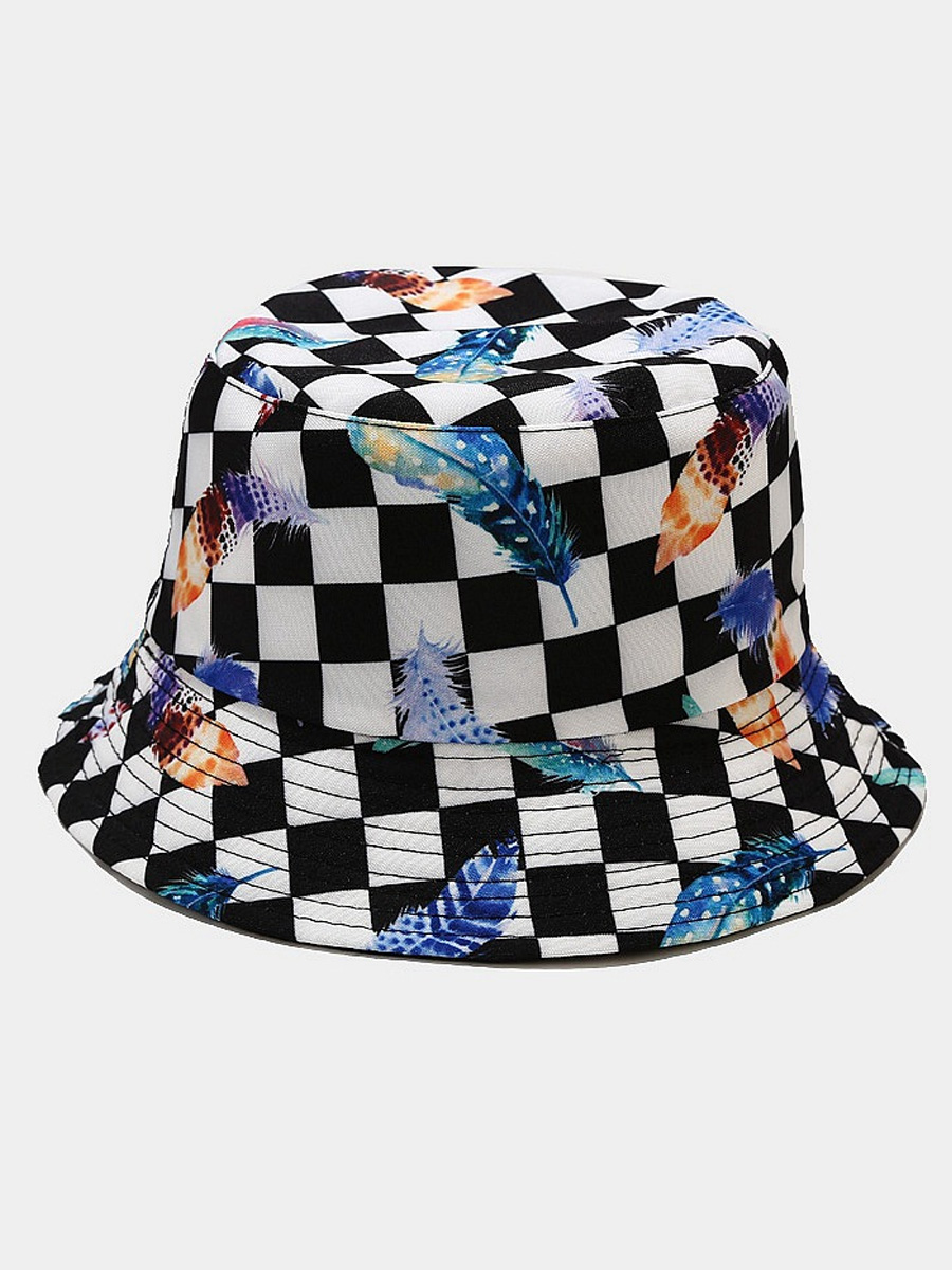 

LW BASICS Plaid Feather Print Bucket Hat, Black and white