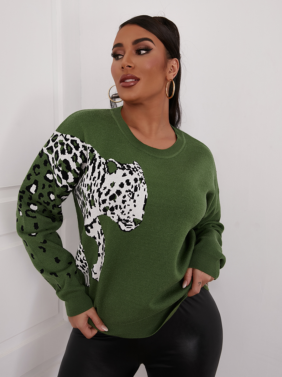 

LW Round Neck Leopard Print Sweater, Army green