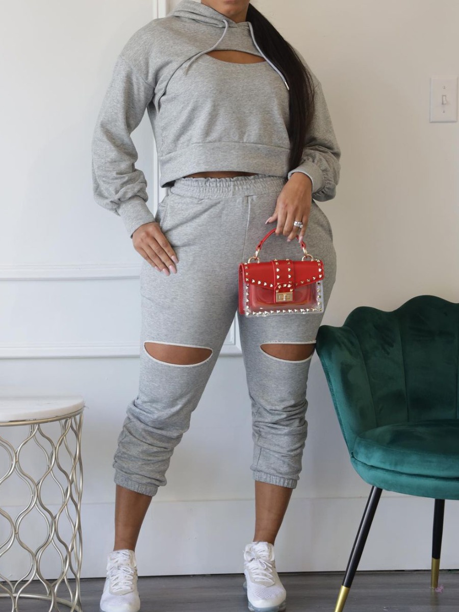 

LW Hollow-out Crop Top Tracksuit Set, Grey