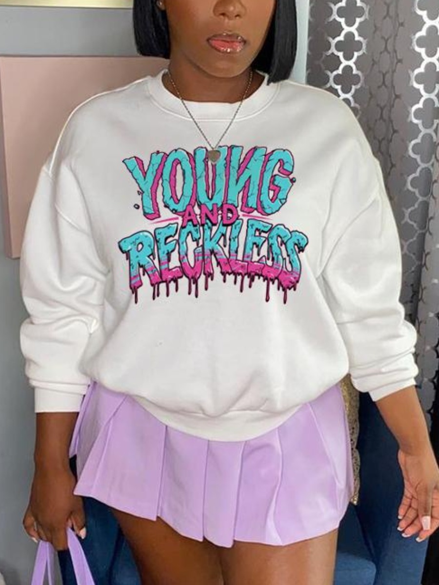 

LW Round Neck Letter Print Sweatshirt, White